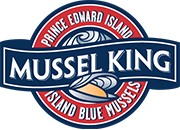 A logo for Mussel King. A circle of red with a sash of blue. It reads, Prince Edward Island Mussel King, Island Blue Mussels.